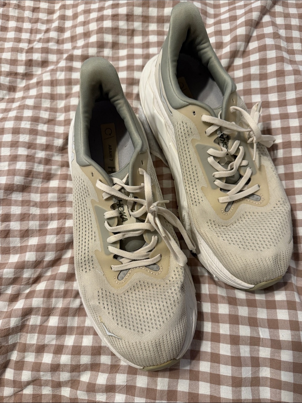 Hoka Men's Cream and Sage Green Athletic Running Shoes